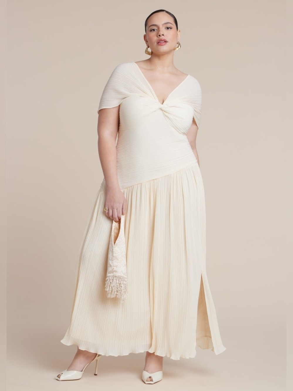 EUC Eloquii Cream Twist-Front Pleated Maxi Dress - Women